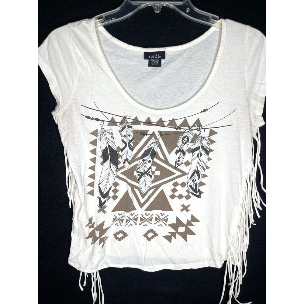 Rue 21 Southwestern tshirt‎ womens medium with side fringe multicolor festival